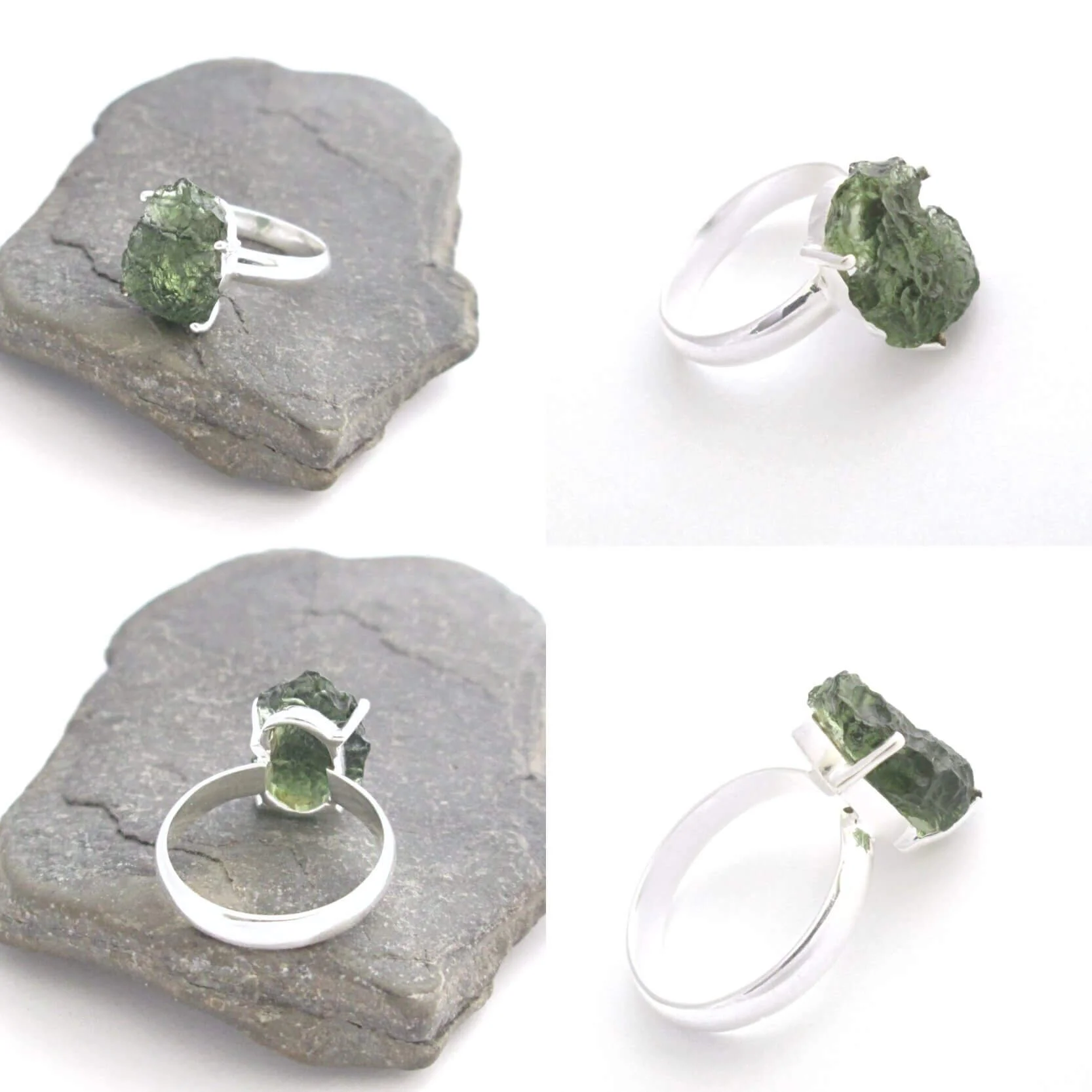 Raw Moldavite Ring Genuine Natural Green Tektite Sterling Silver